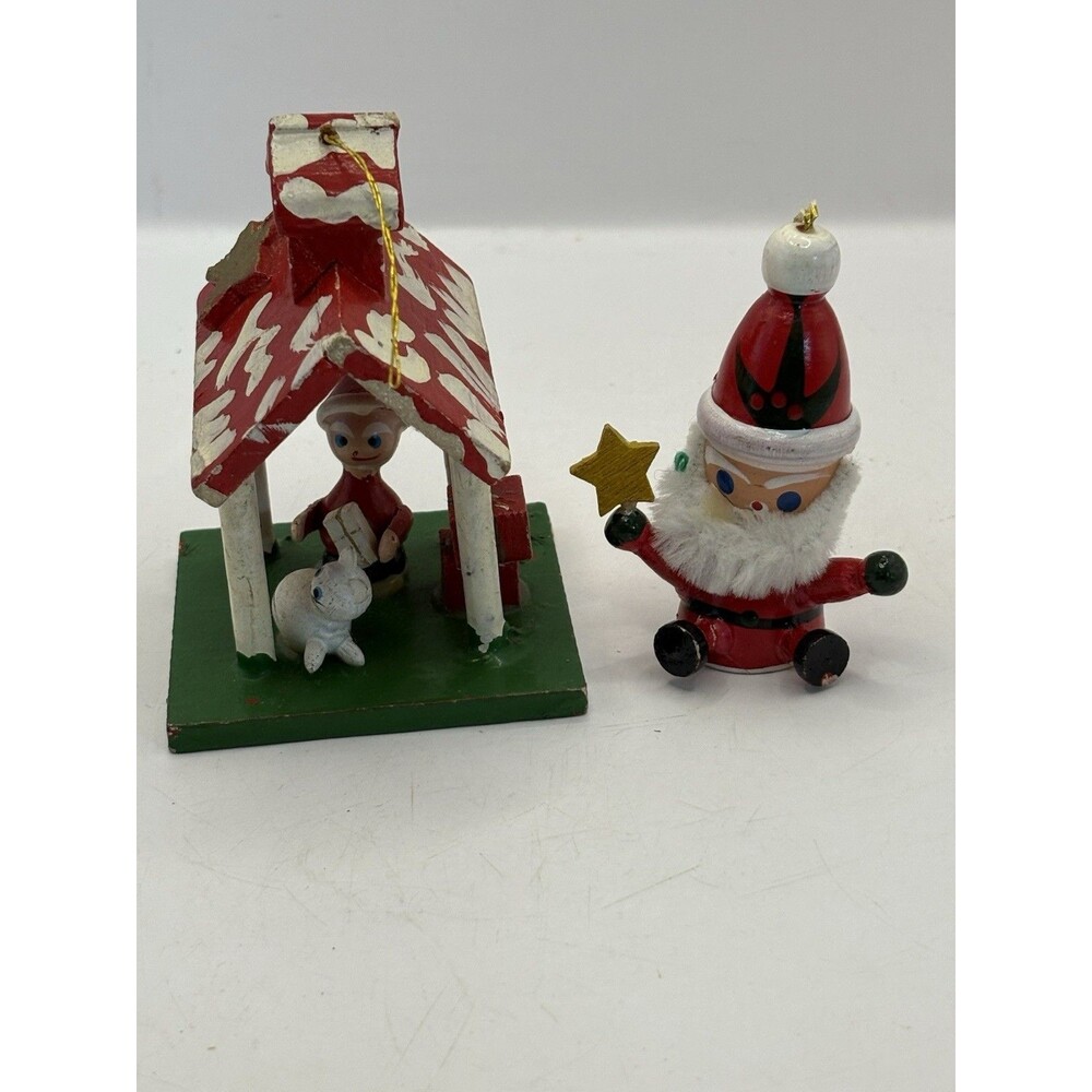 Vintage Christmas/Holiday Santa And House Wood Ornaments